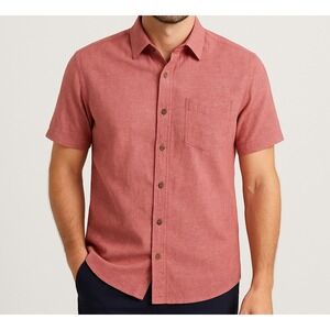 Crown & Ivy‎ Men's Linen Blend Button Up Shirt L Red Classic Fit Short Sleeve